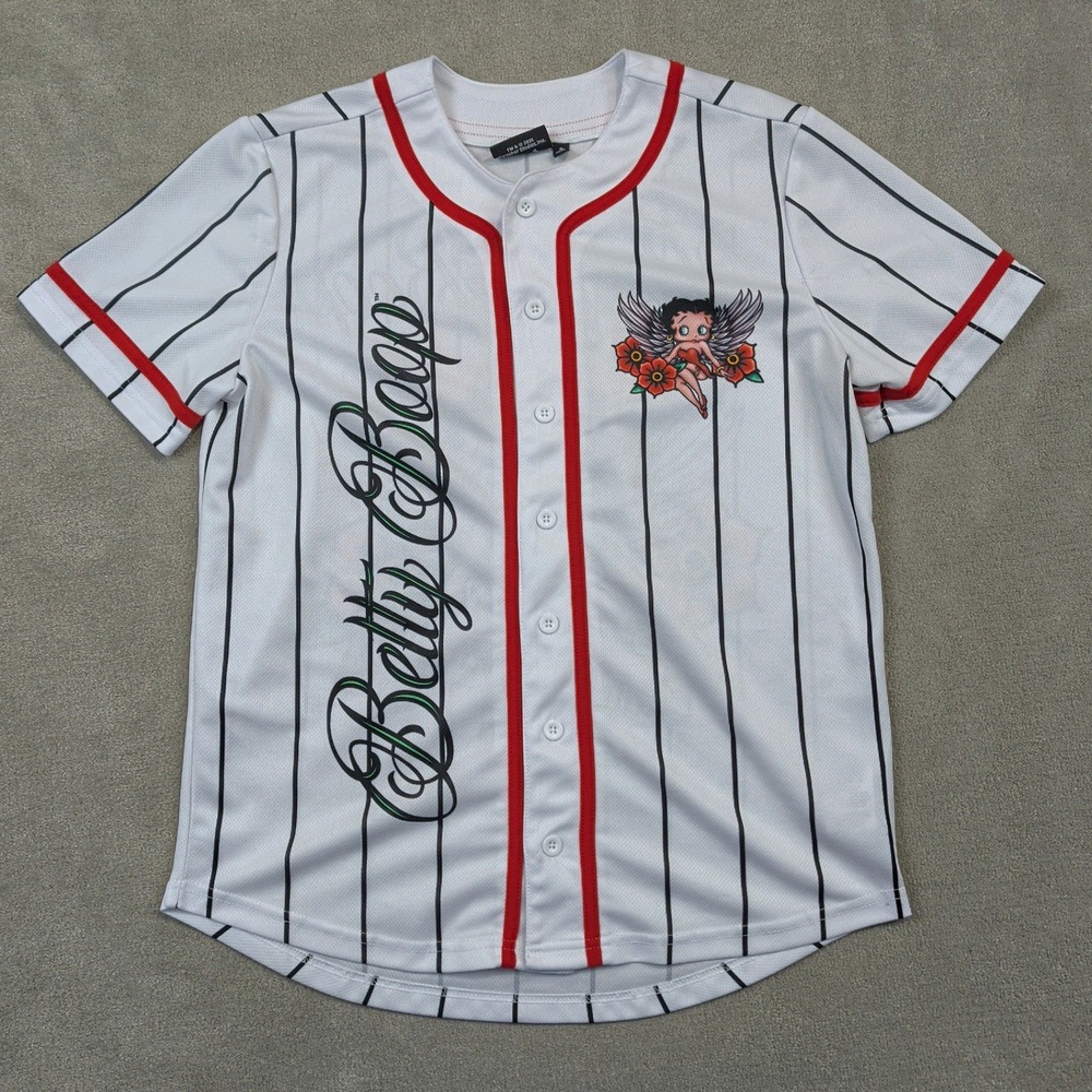 Fleischer Studios Betty Boop Jersey Womens Small White Pinstripe Baseball Shirt